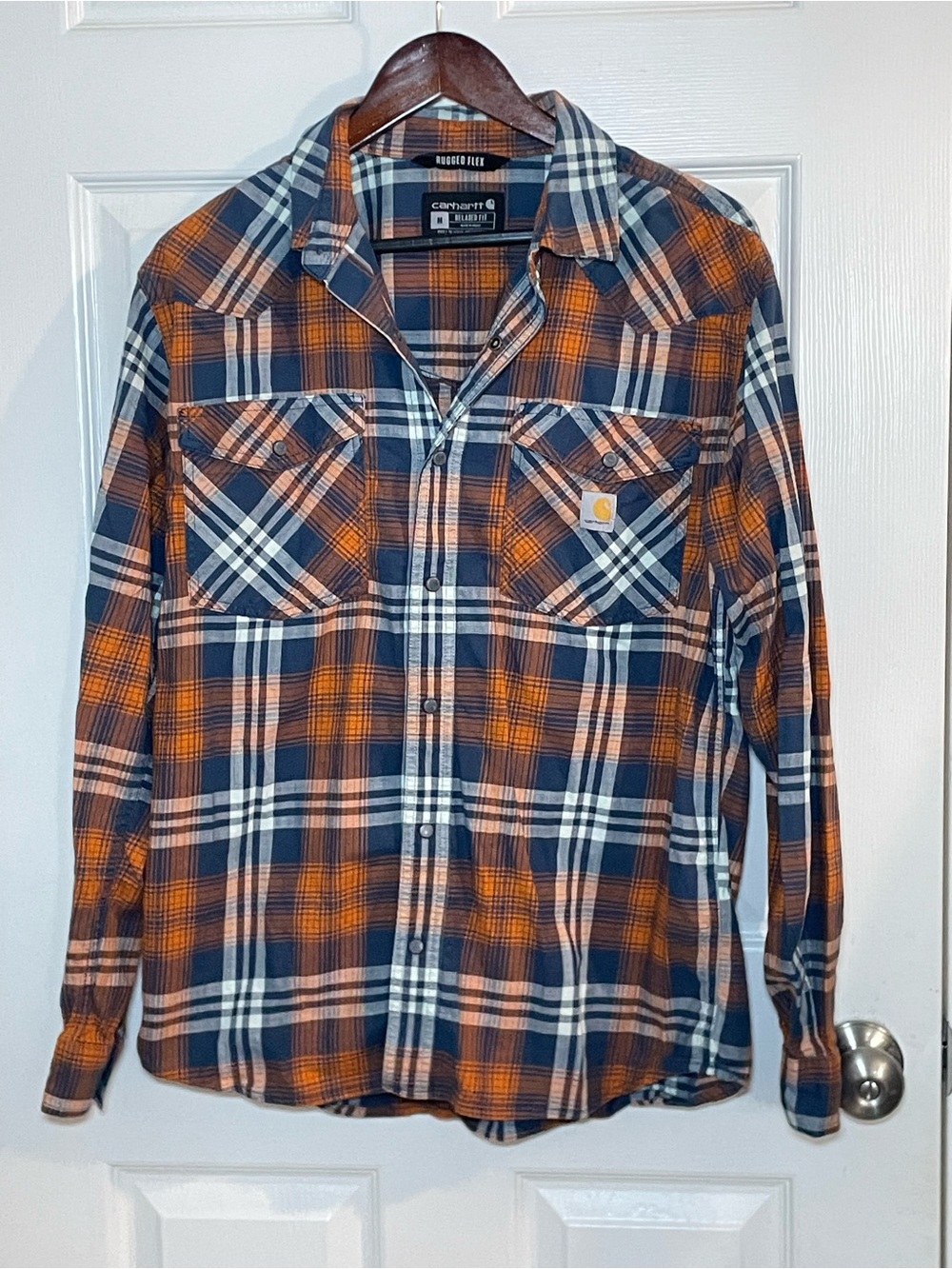 Carhartt Rugged Flex Mens Medium Plaid Flannel Snap Shirt Orange Blue